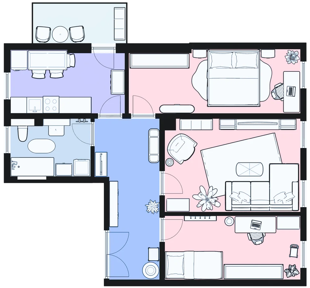 Grundriss der großzügigen 3-Zimmer-Wohnung in Leipzig-Plagwitz Grundriss 3-Zimmer Wohnung in Leipzig Plagwitz – großzügige Raumaufteilung mit Schlafzimmer, Kinderzimmer, Wohnzimmer, Küche und Bad, ideal für Familien