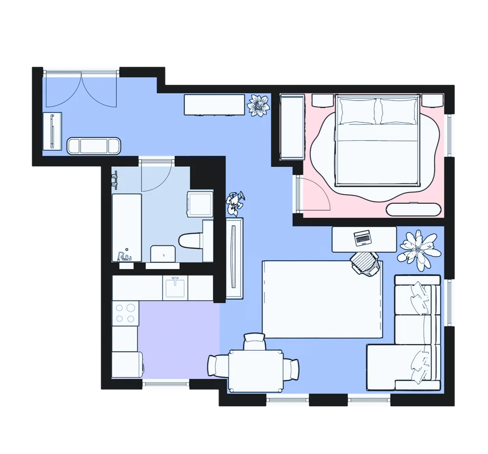 Grundriss der modernen 2-Zimmer-Wohnung in Leipzig-Plagwitz Grundriss 2-Zimmer Wohnung in Leipzig Plagwitz – moderne Aufteilung mit Schlafzimmer, Wohnzimmer, Küche und Bad, ideal für Singles oder Paare